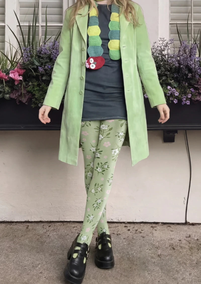 Green White Small Floral Print Tights Hosiery Pantyhose