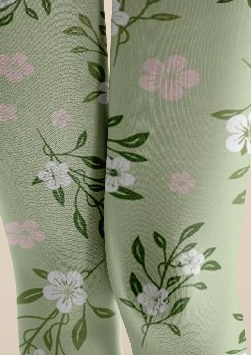 Green White Small Floral Print Tights Hosiery Pantyhose