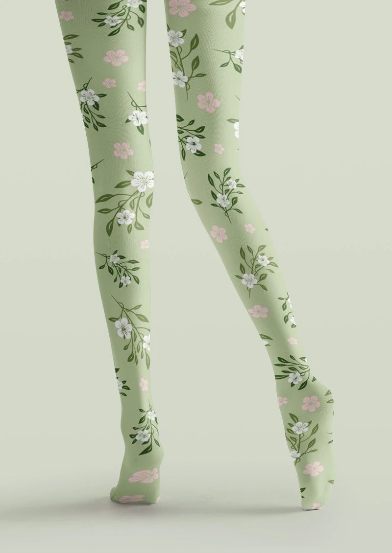 Green White Small Floral Print Tights Hosiery Pantyhose
