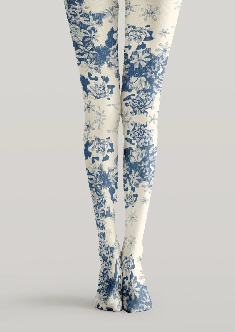 White Blue Floral Print Tights Hosiery Pantyhose