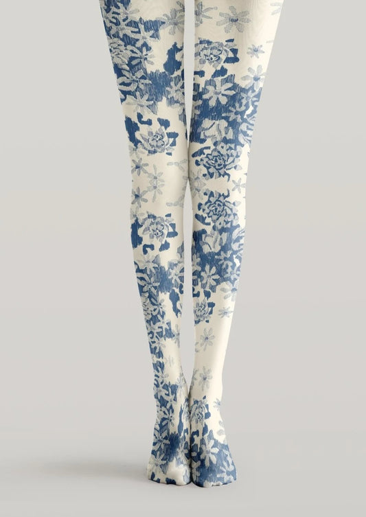 White Blue Floral Print Tights Hosiery Pantyhose