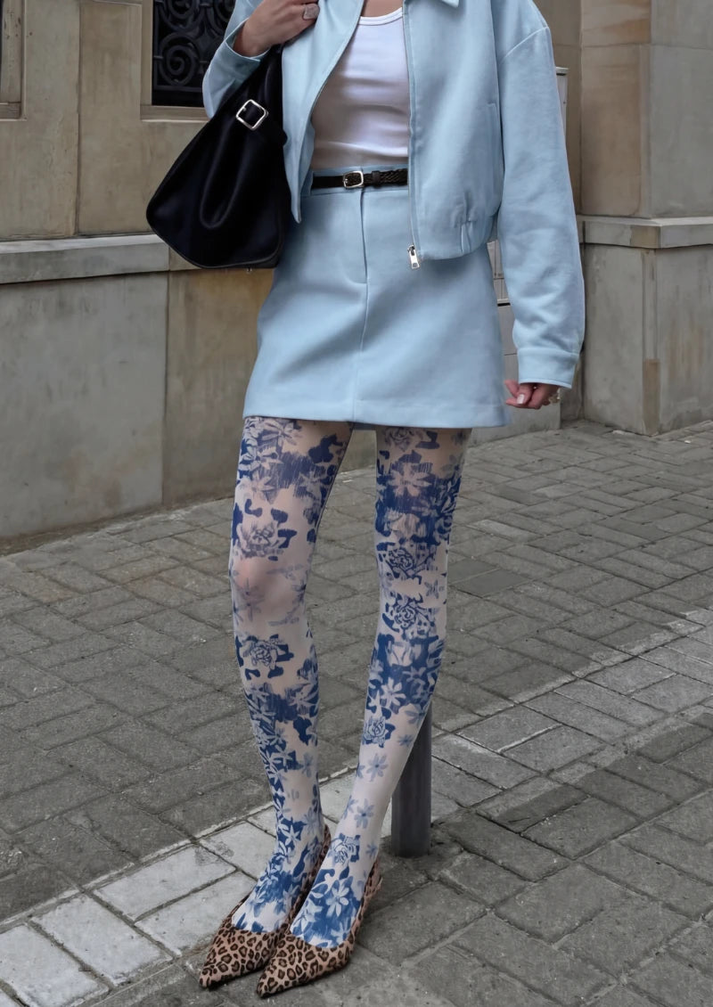 White Blue Floral Print Tights Hosiery Pantyhose