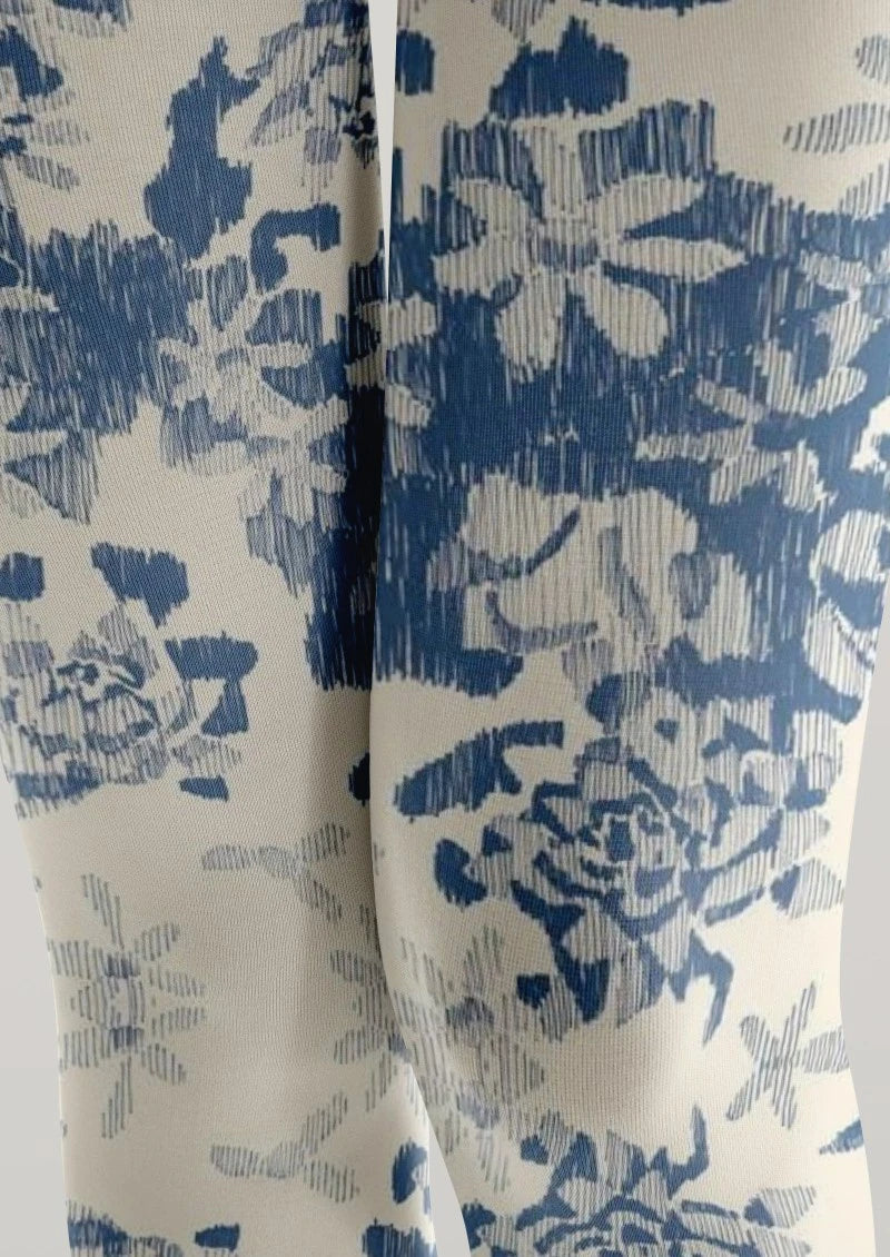 White Blue Floral Print Tights Hosiery Pantyhose