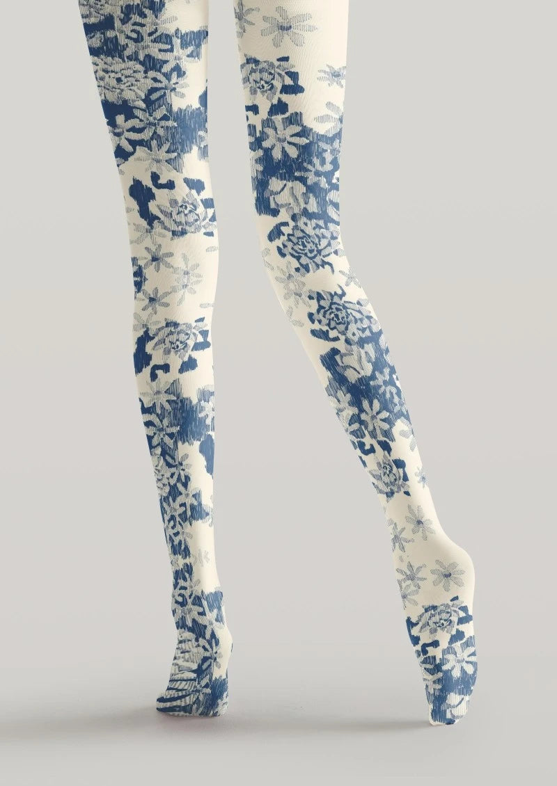 White Blue Floral Print Tights Hosiery Pantyhose