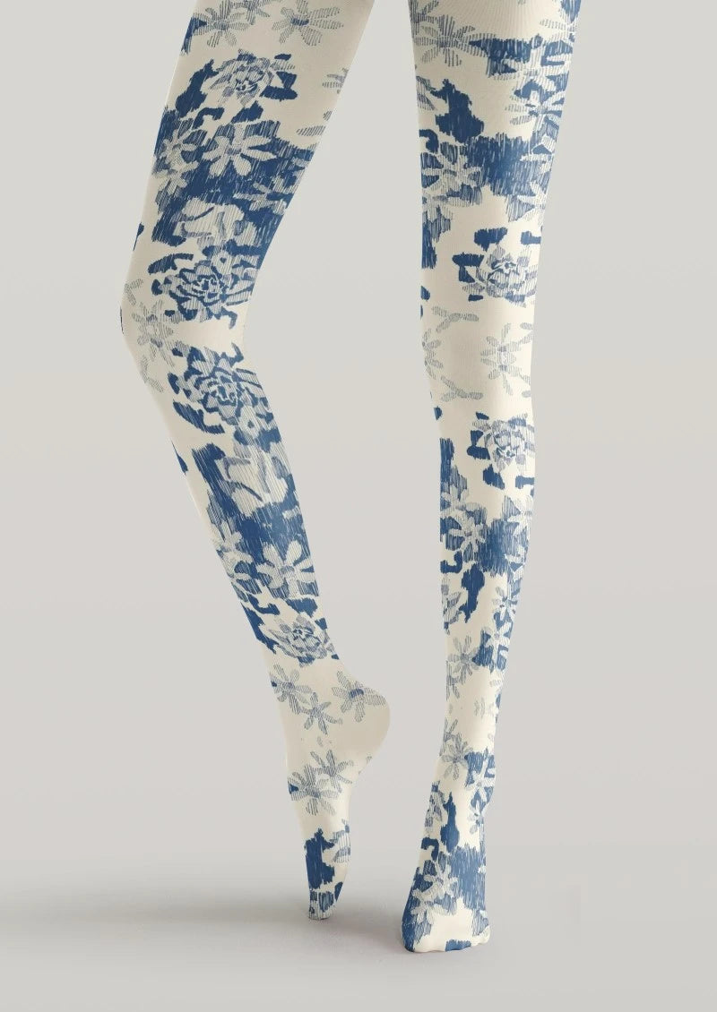 White Blue Floral Print Tights Hosiery Pantyhose