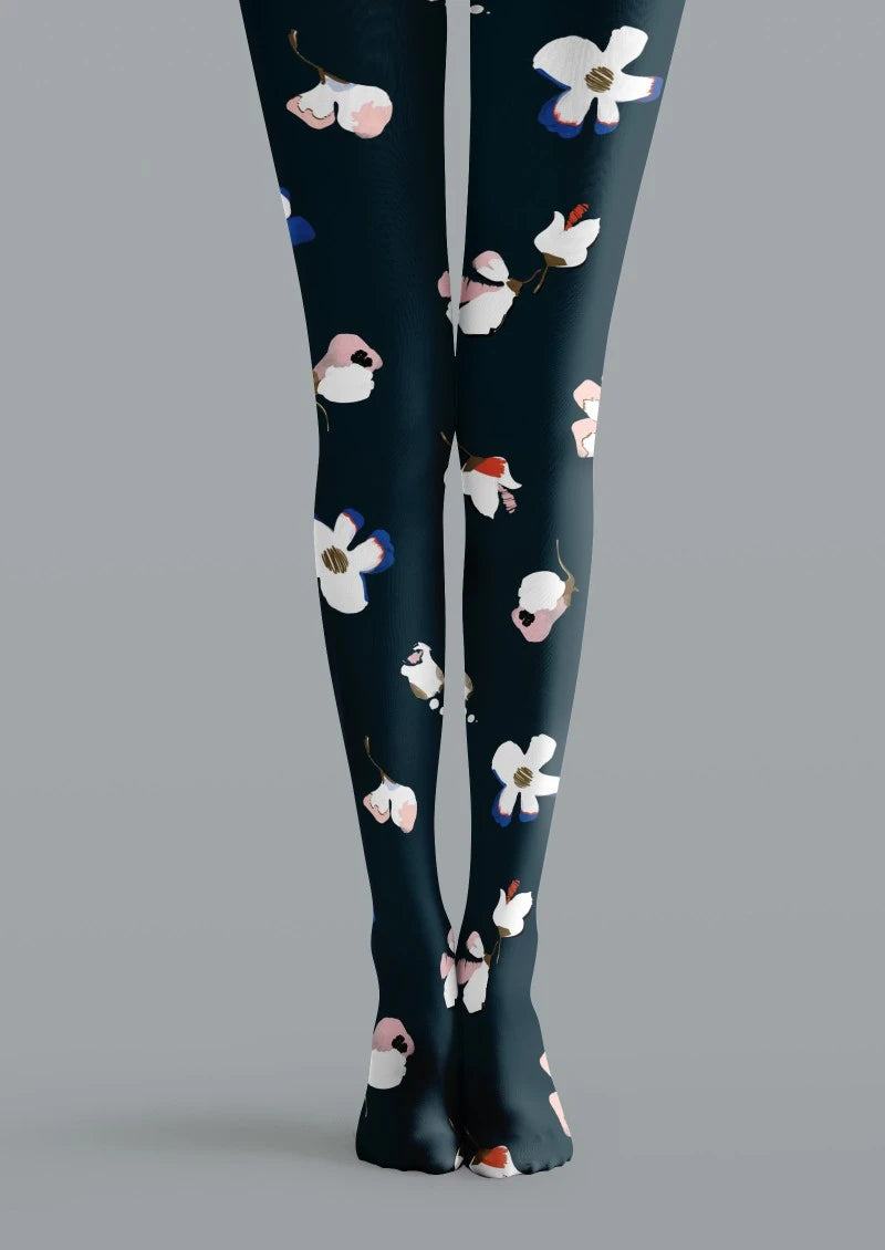 Black Multicolor Floral Print Tights Hosiery Pantyhose