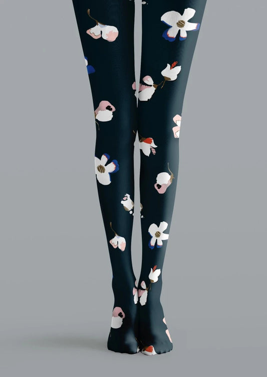 Black Multicolor Floral Print Tights Hosiery Pantyhose