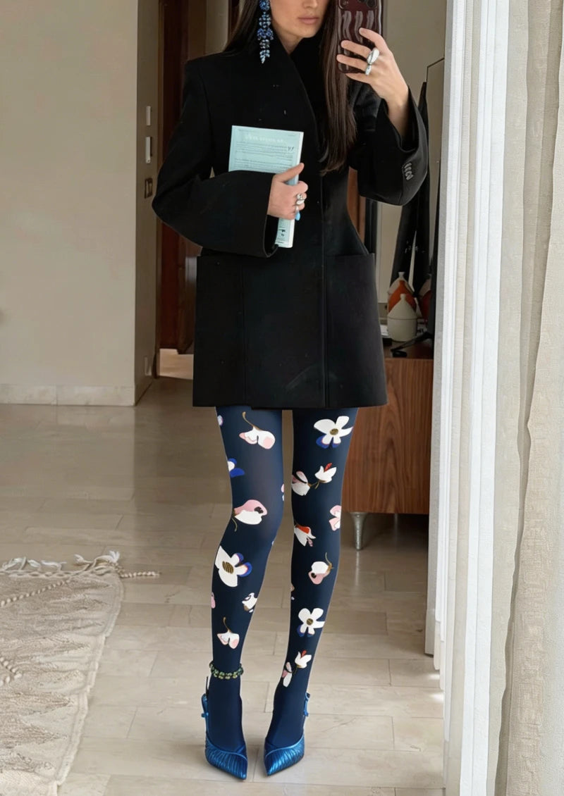 Black Multicolor Floral Print Tights Hosiery Pantyhose