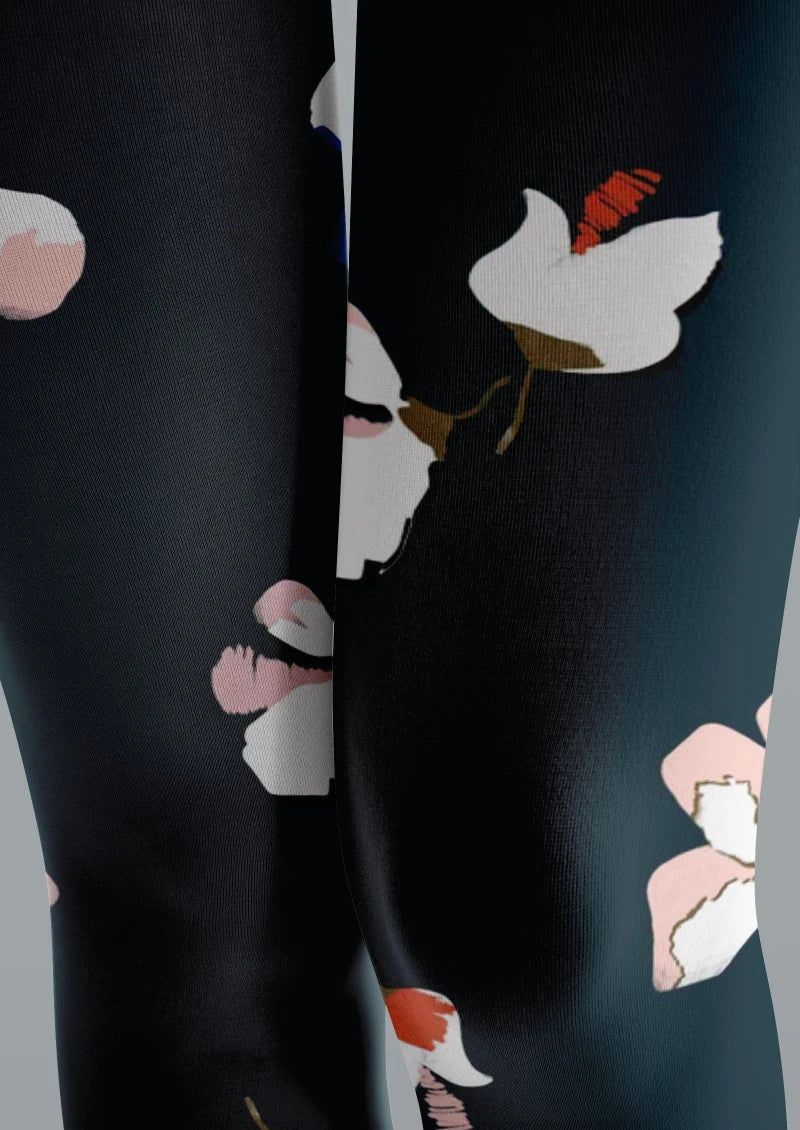 Black Multicolor Floral Print Tights Hosiery Pantyhose