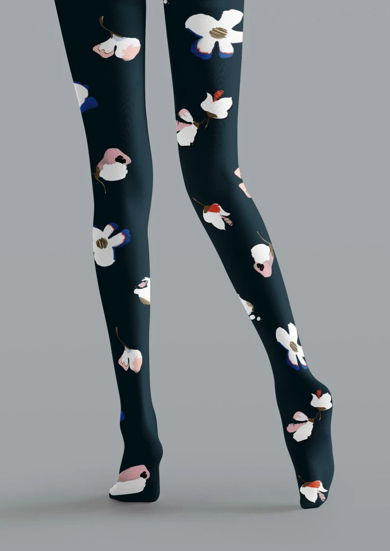 Black Multicolor Floral Print Tights Hosiery Pantyhose