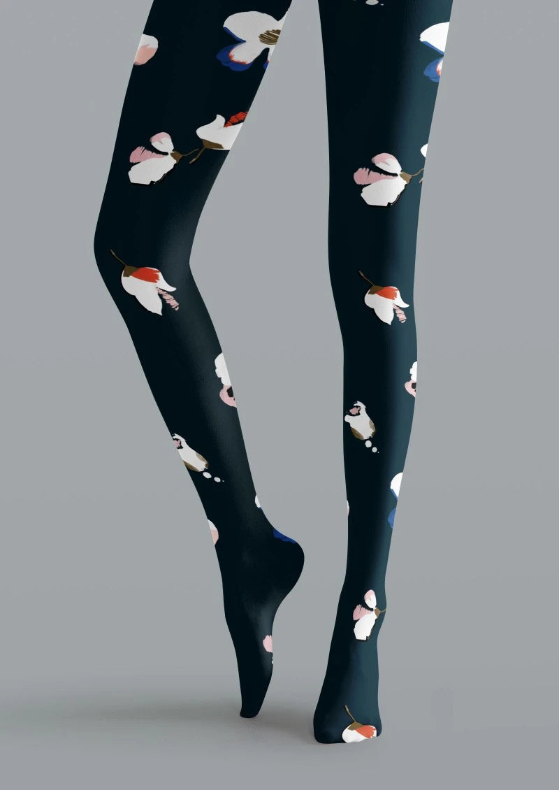 Black Multicolor Floral Print Tights Hosiery Pantyhose