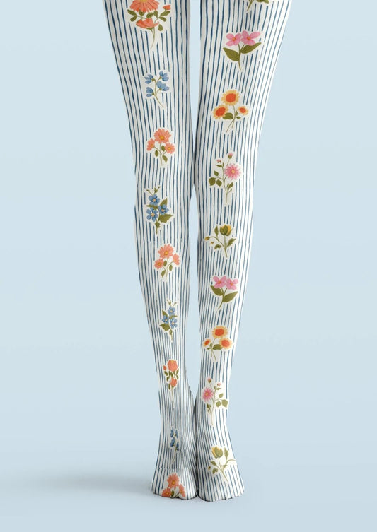 White Blue Striped Floral Print Tights Hosiery Pantyhose