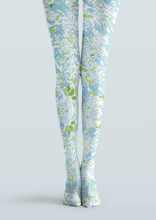 White Blue Green Floral Print Tights Hosiery Pantyhose