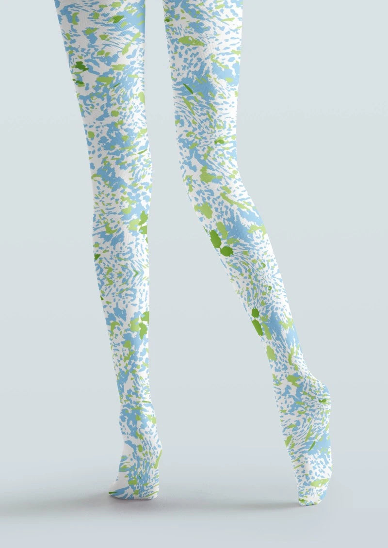 White Blue Green Floral Print Tights Hosiery Pantyhose