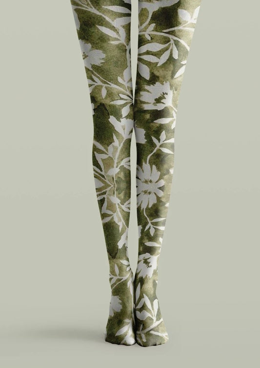 White Green Floral Print Tights Hosiery Pantyhose