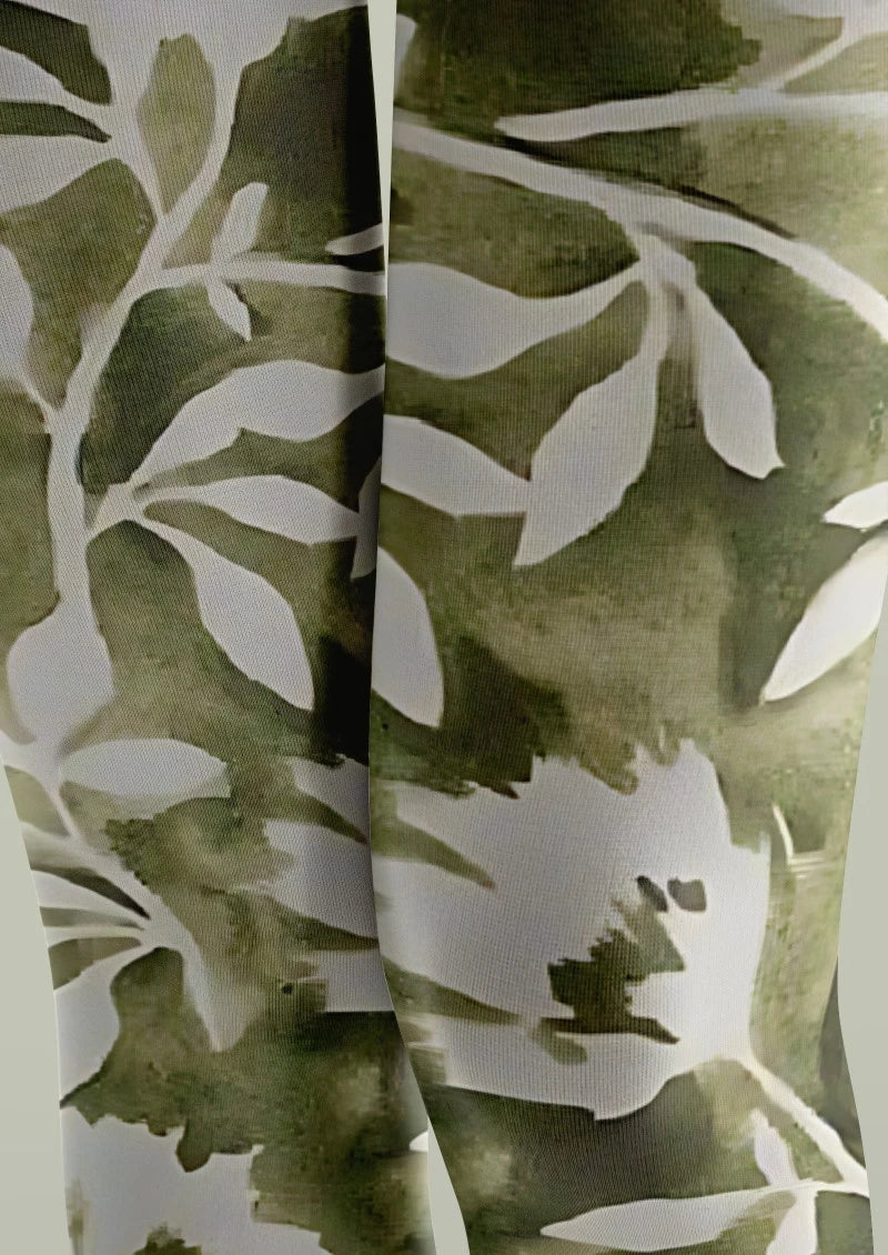 White Green Floral Print Tights Hosiery Pantyhose