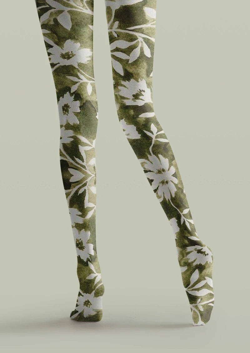 White Green Floral Print Tights Hosiery Pantyhose
