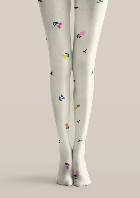 White Multicolor Small Floral Print Tights Hosiery Pantyhose
