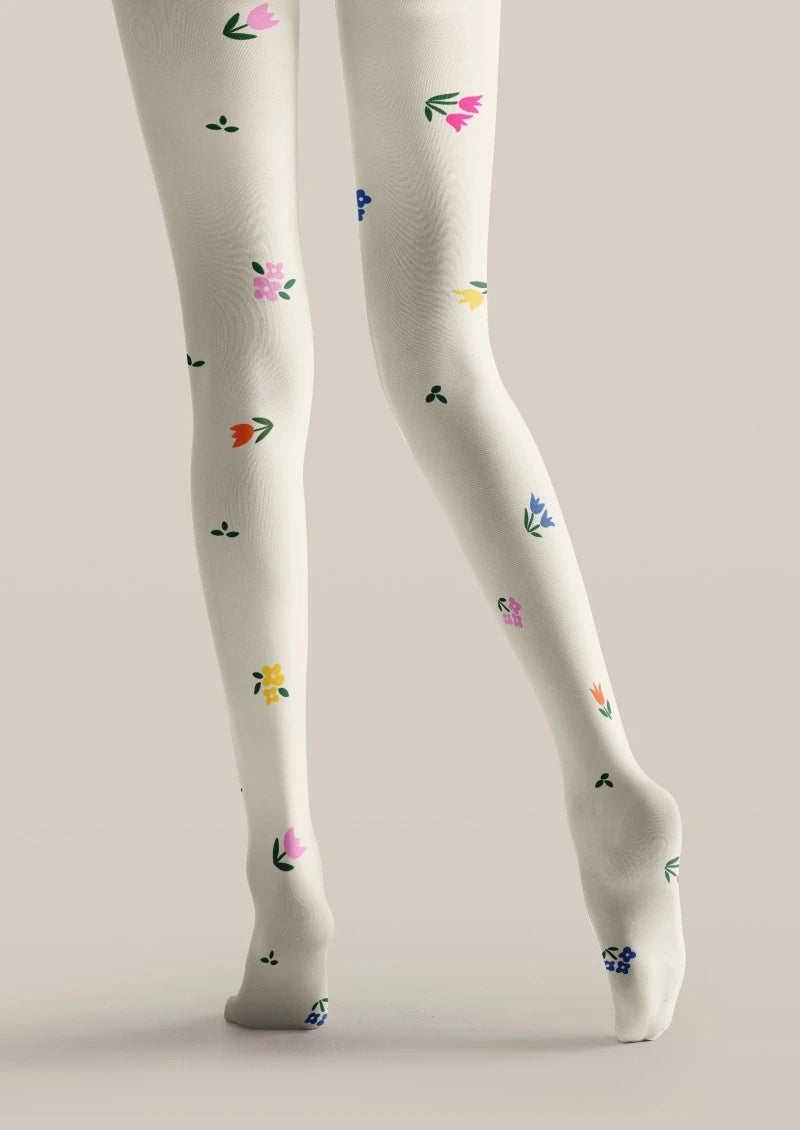 White Multicolor Small Floral Print Tights Hosiery Pantyhose