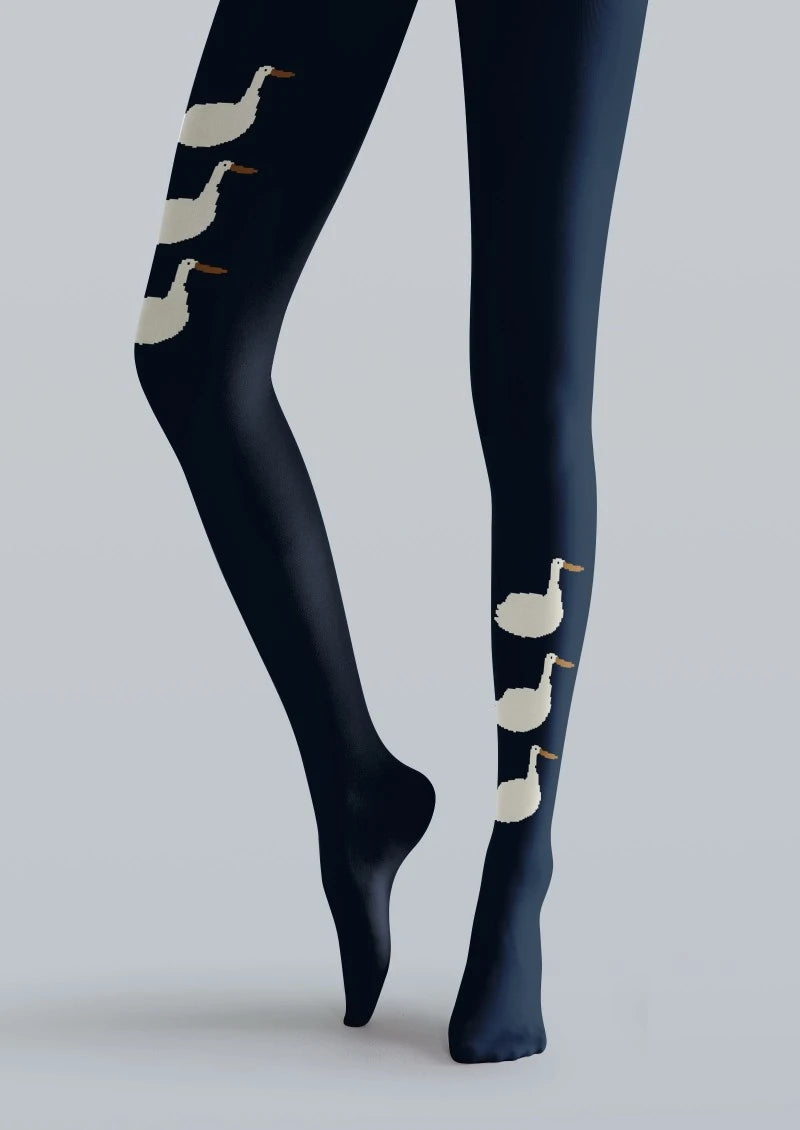 Black White Duck Graphic Tights Hosiery Pantyhose