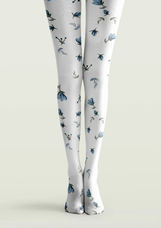 White Blue Small Floral Print Tights Hosiery Pantyhose