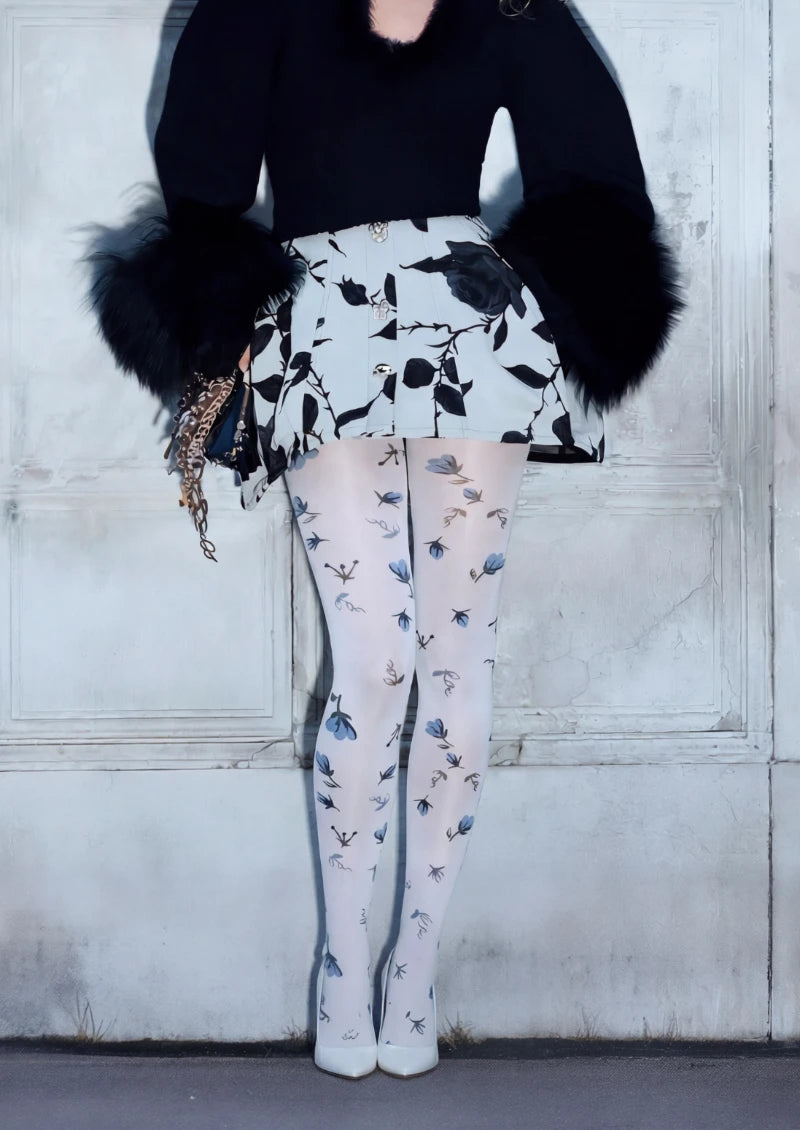 White Blue Small Floral Print Tights Hosiery Pantyhose