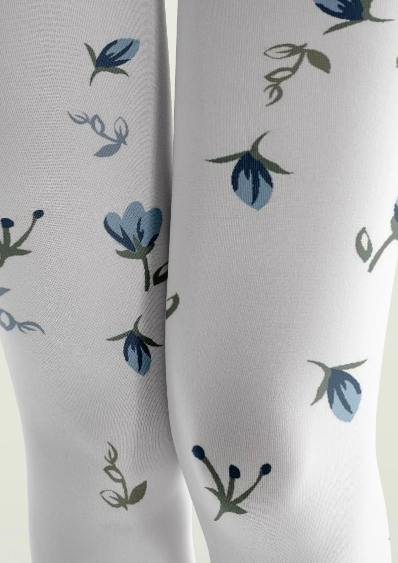 White Blue Small Floral Print Tights Hosiery Pantyhose