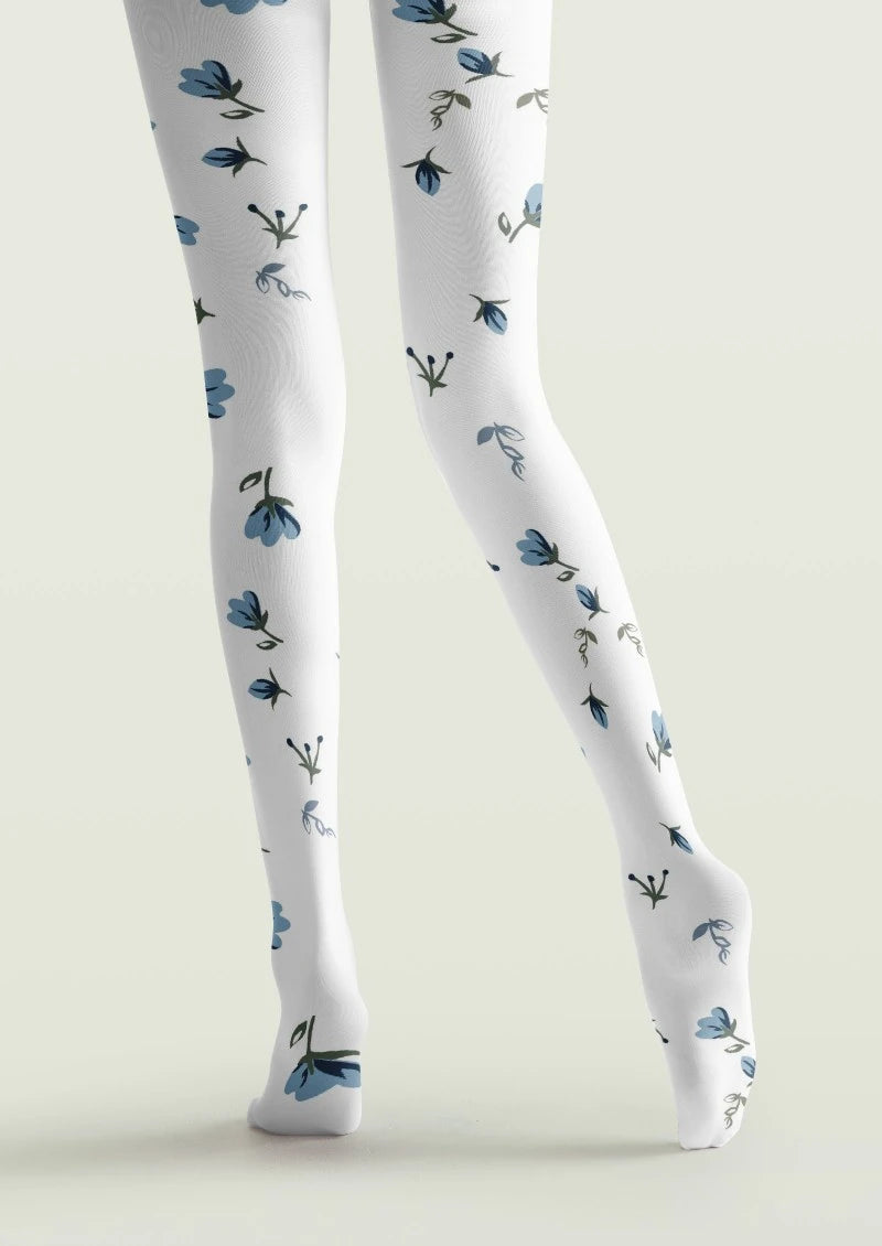 White Blue Small Floral Print Tights Hosiery Pantyhose