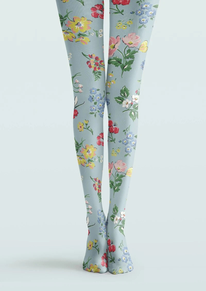 White Multicolor Floral Print Tights Hosiery Pantyhose