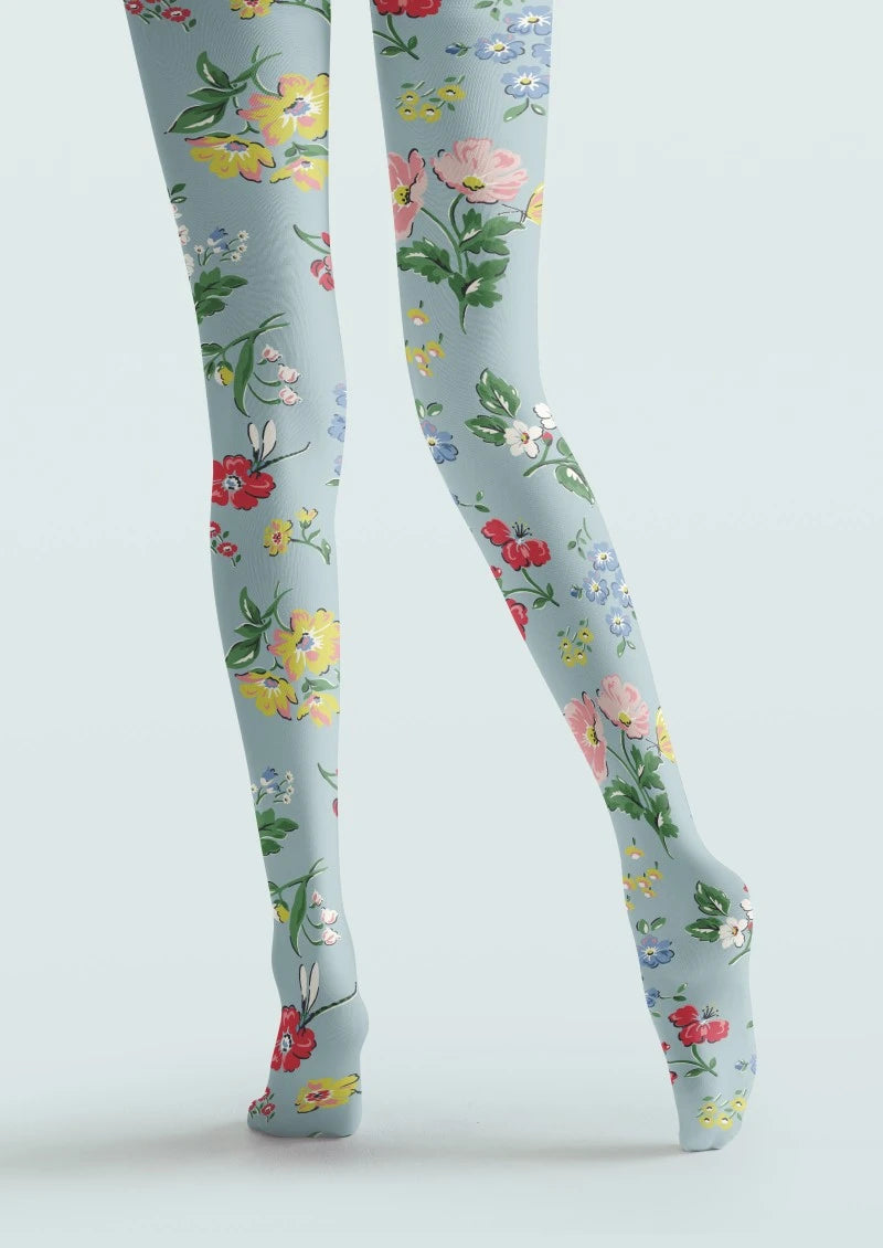 White Multicolor Floral Print Tights Hosiery Pantyhose