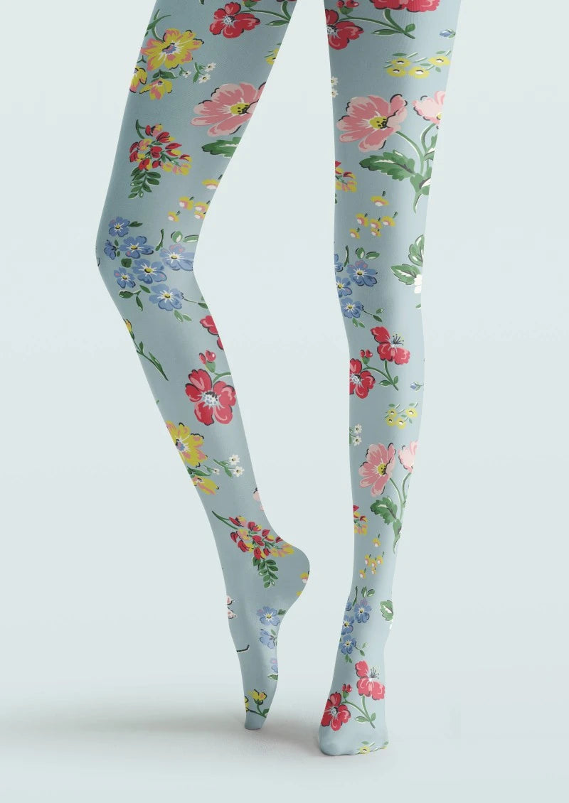 White Multicolor Floral Print Tights Hosiery Pantyhose