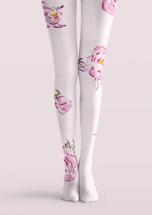 White Pink Rose Floral Print Tights Hosiery Pantyhose