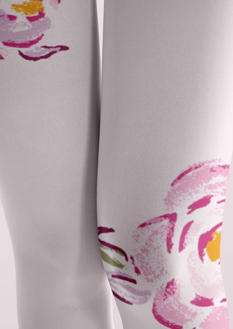 White Pink Rose Floral Print Tights Hosiery Pantyhose