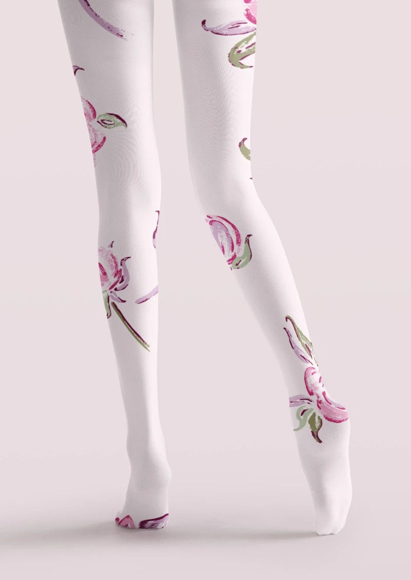 White Pink Rose Floral Print Tights Hosiery Pantyhose