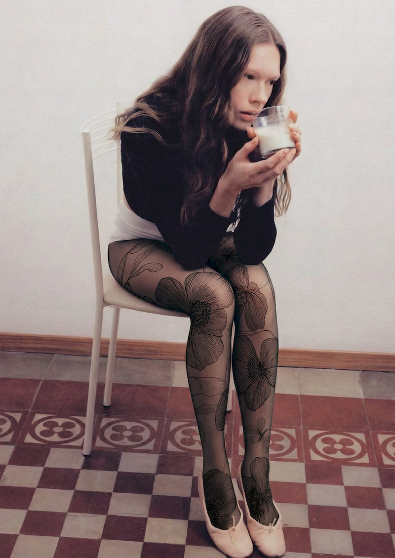 Sketch Floral Printed Tights Hosiery Pantyhose