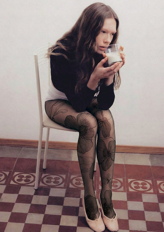 Sketch Floral Printed Tights Hosiery Pantyhose