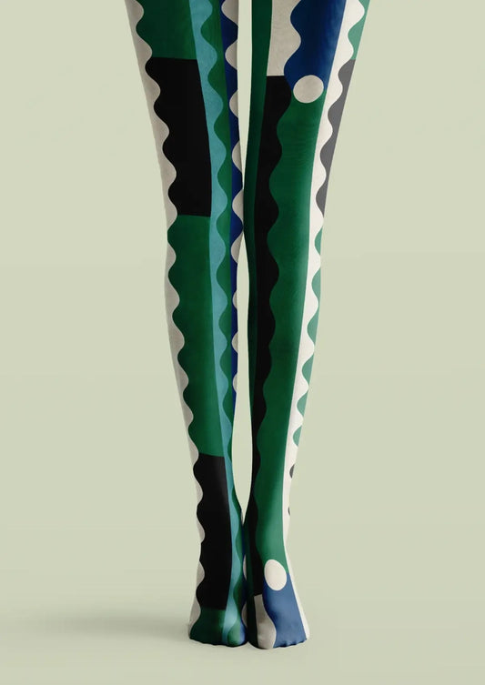 Green Wave Block Stripe Tights Hosiery Pantyhose