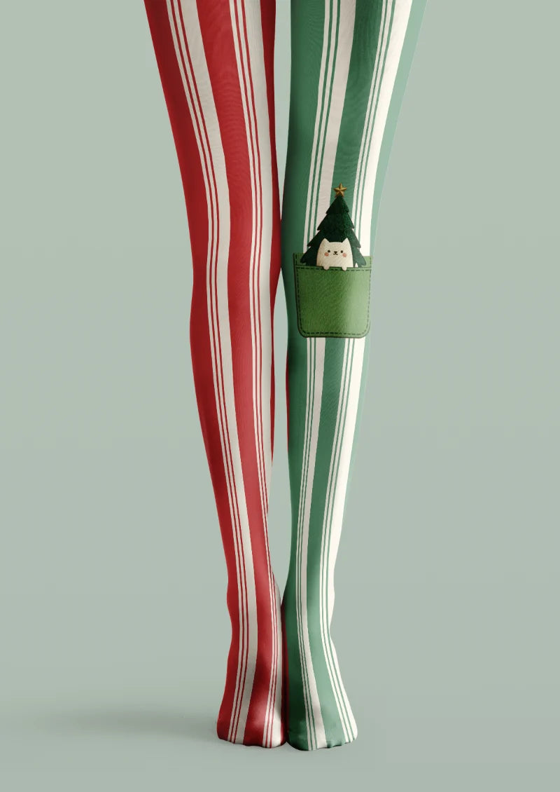 Red and green printed tights with ivory stripes and an illustrated pocket holding a cat beneath a Christmas tree.