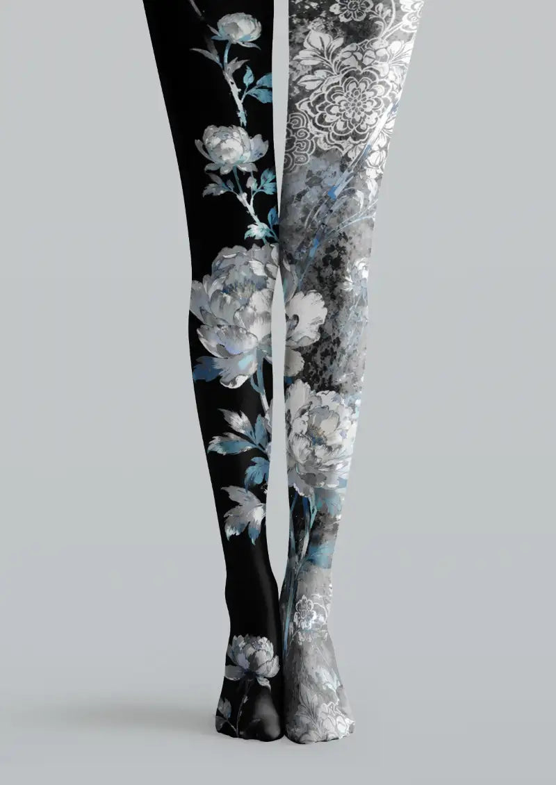 Black tights with blue and white floral printed pattern