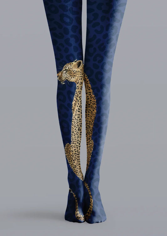 Navy printed tights with tonal leopard spots and a large beige-brown leopard illustration