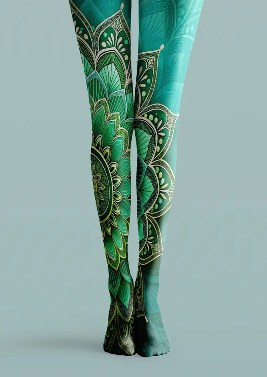 Green tights with floral printed pattern