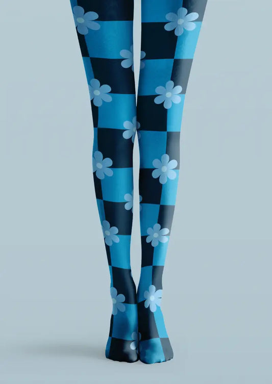 Blue Checker Daisy Tights Hosiery Pantyhose