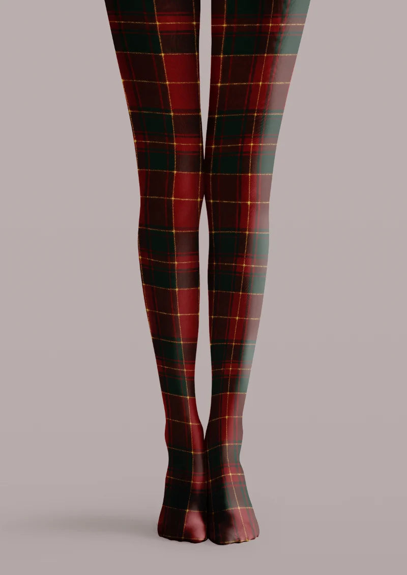 Red and green printed tights with classic plaid checks and fine yellow crossing lines