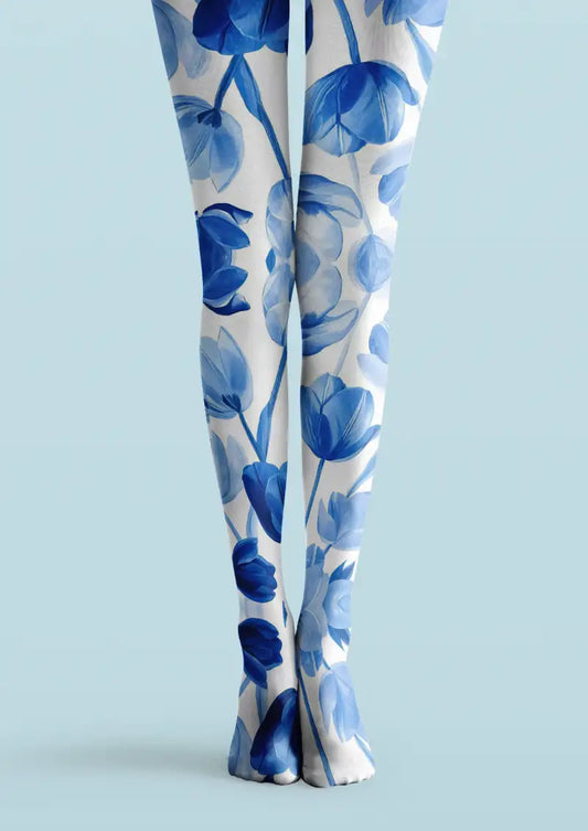 Blue Floral Print Tights Hosiery Pantyhose
