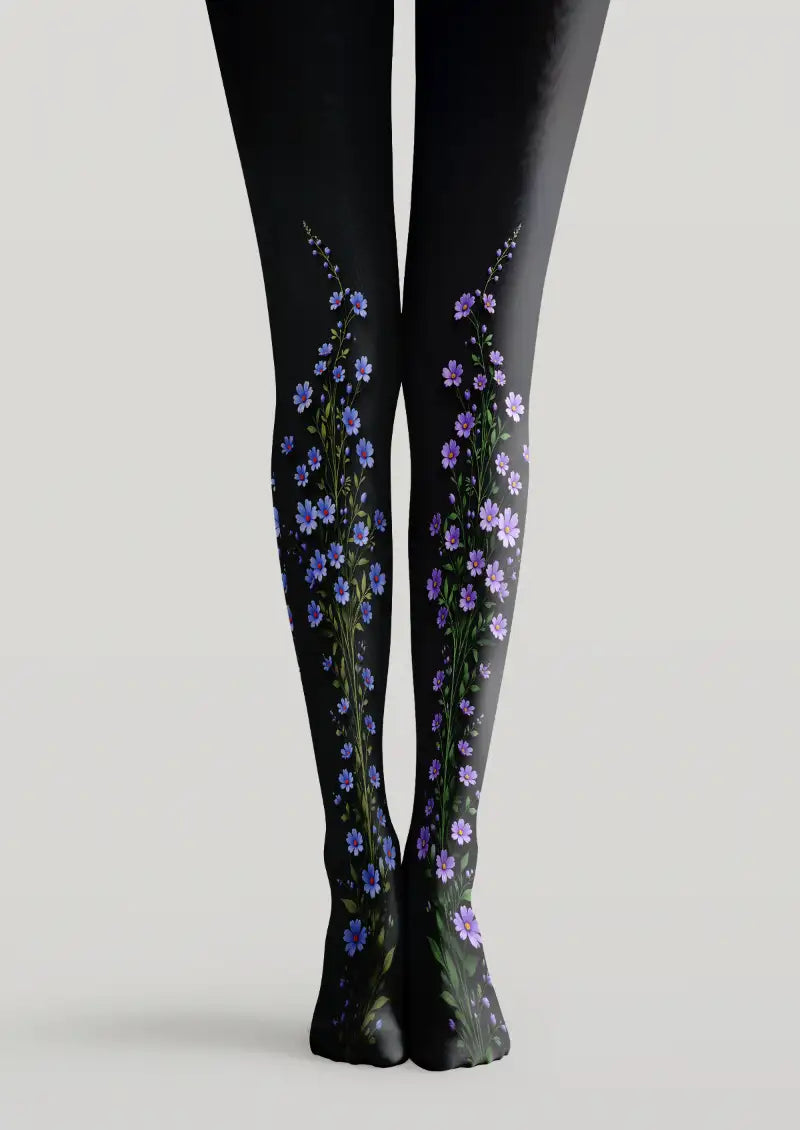 Black tights with blue and purple floral printed pattern