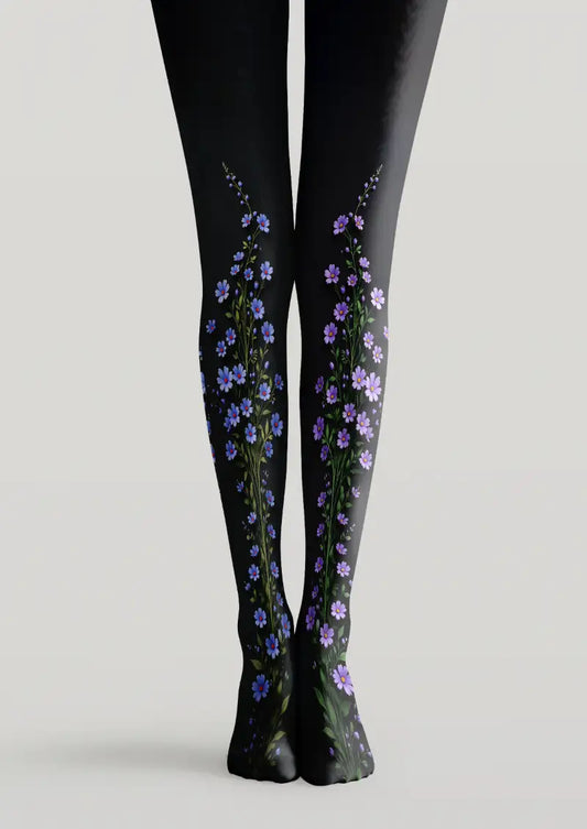 Black tights with blue and purple floral printed pattern