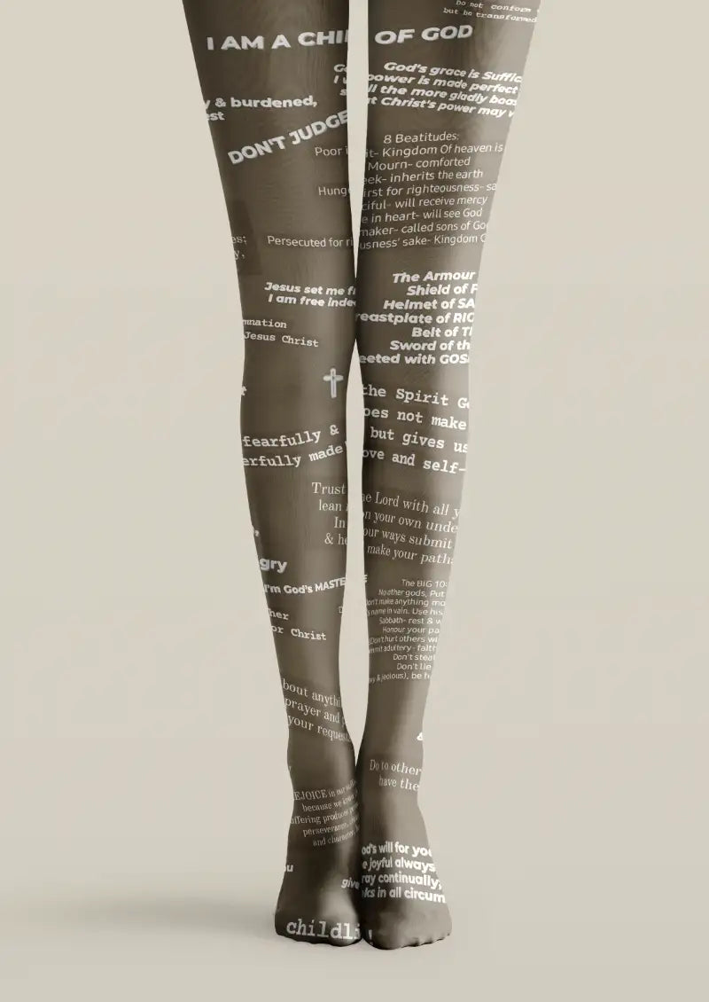 White printed tights with black Bible script and inspirational text patterns