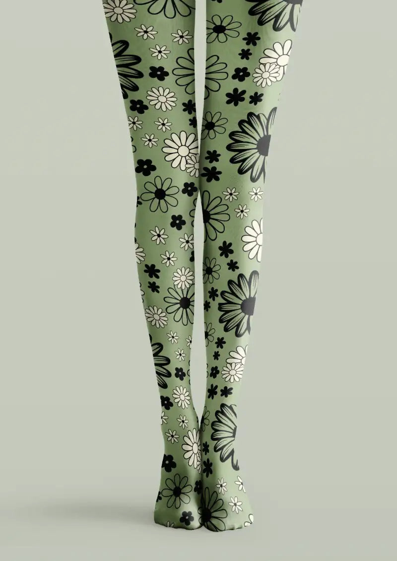 Green tights with black and white daisy floral pattern