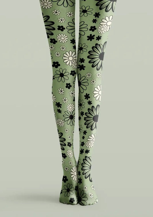 Green tights with black and white daisy floral pattern