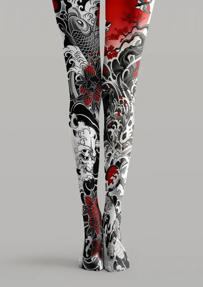 Black tights with Japanese tattoo inspired koi fish, wave and floral printed pattern